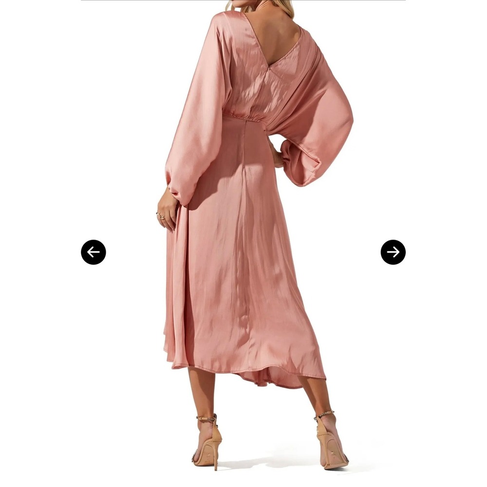 Blush Satin Midi Dress in Rose Blush with Balloon Sleeves - Picture 5 of 16